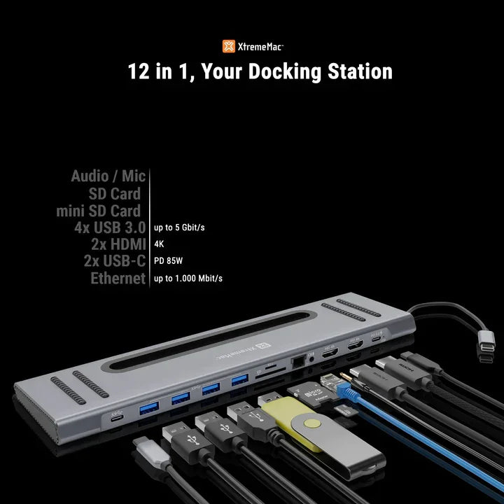XtremeMac Type-C 12 In 1 Docking Hub Station - Silver - Tashqila XtremeMac Type-C 12 In 1 Docking Hub Station - Silver - Tashqila